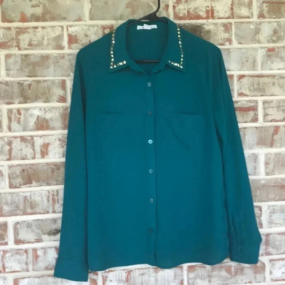 Xais‎ Hunter Green Long Sleeve Bling Blouse